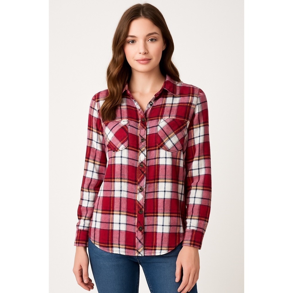 BTC Womens Blouse Plaid Flannel Button Front Shirt Long Sleeve Casual Size L